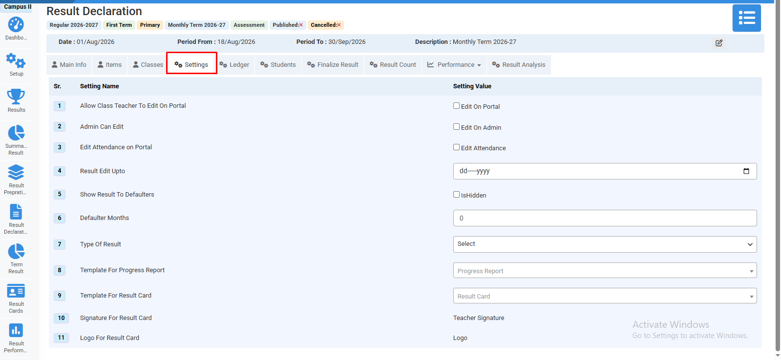 How to Update Result Declaration Settings