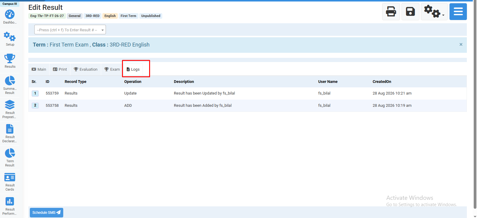 How to Update Result