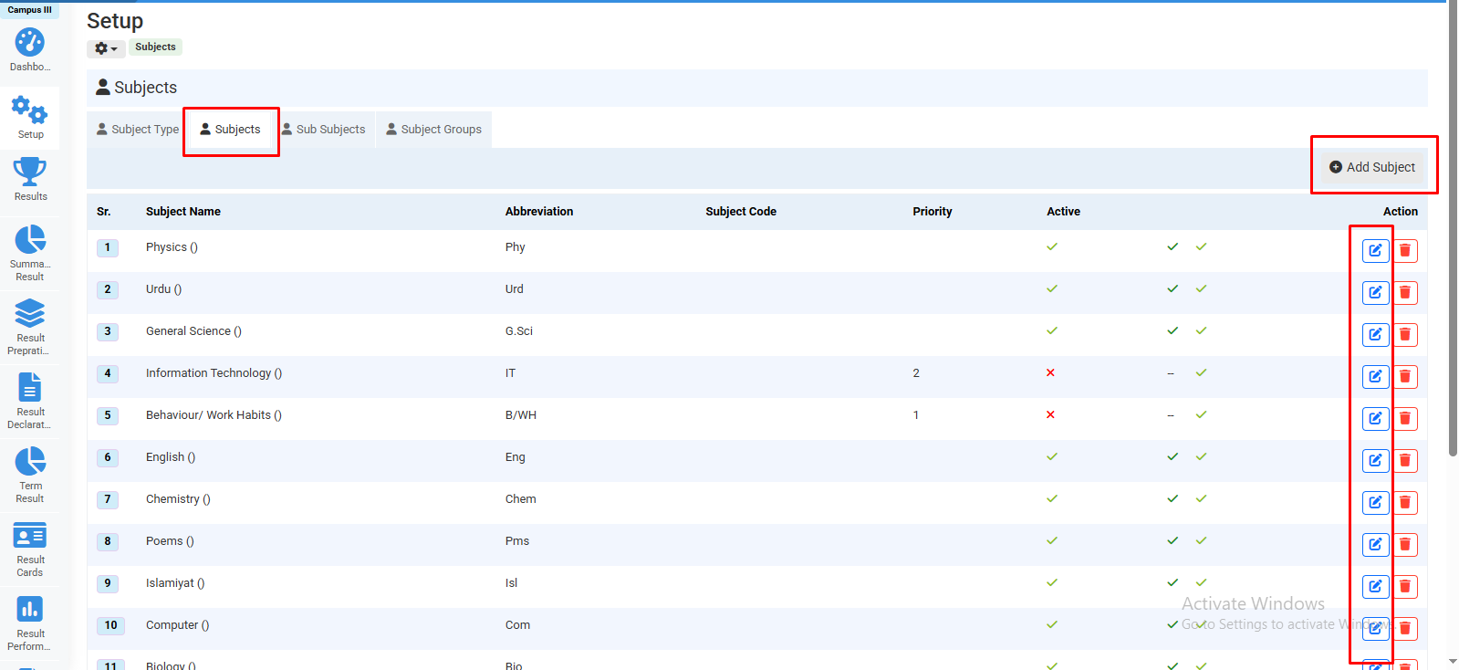 How to Update Subjects in Result Setup
